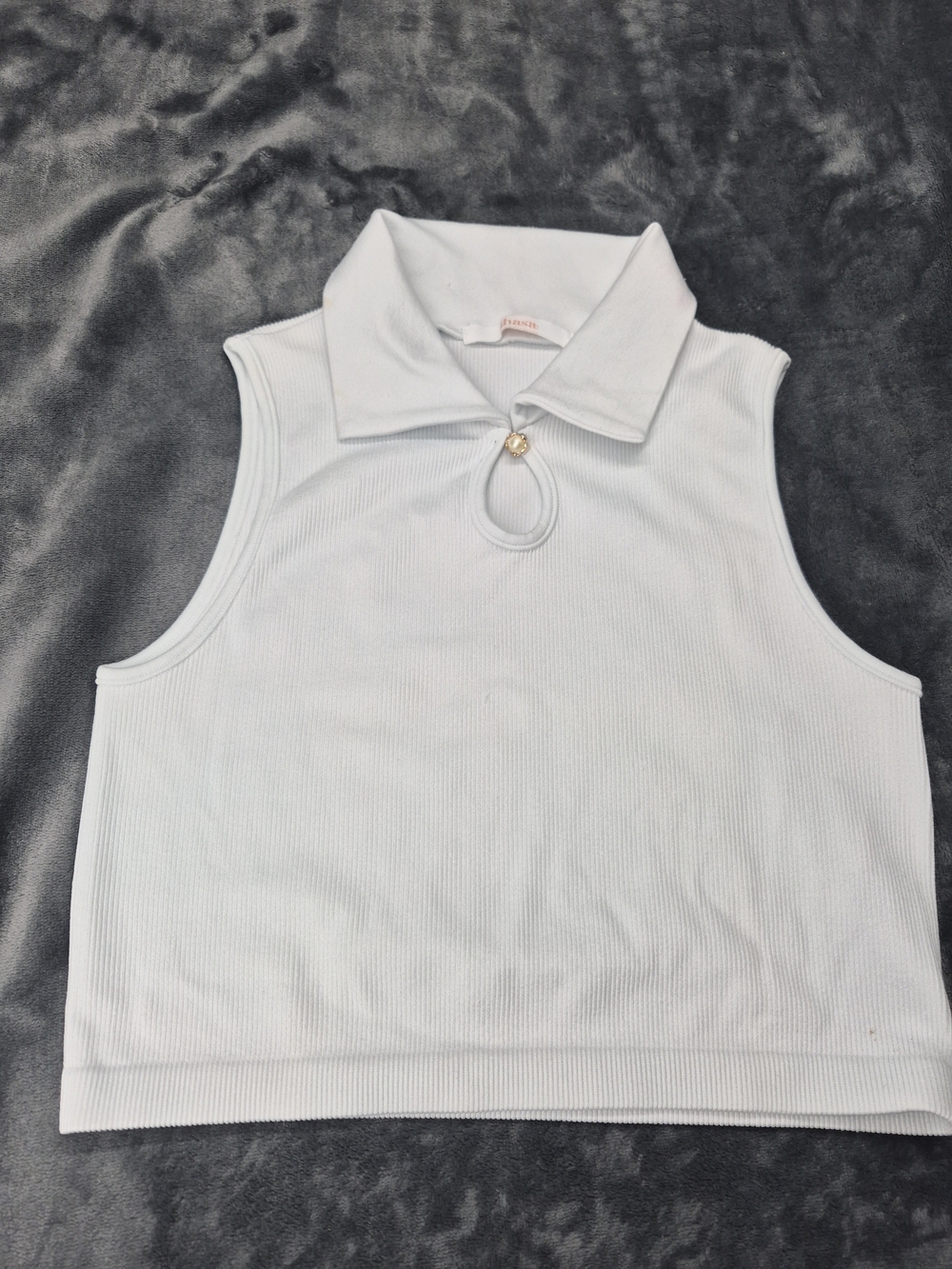 Shasa Sleeveless Polo Tank Top Unique Teardrop Keyhole Neckline White Small